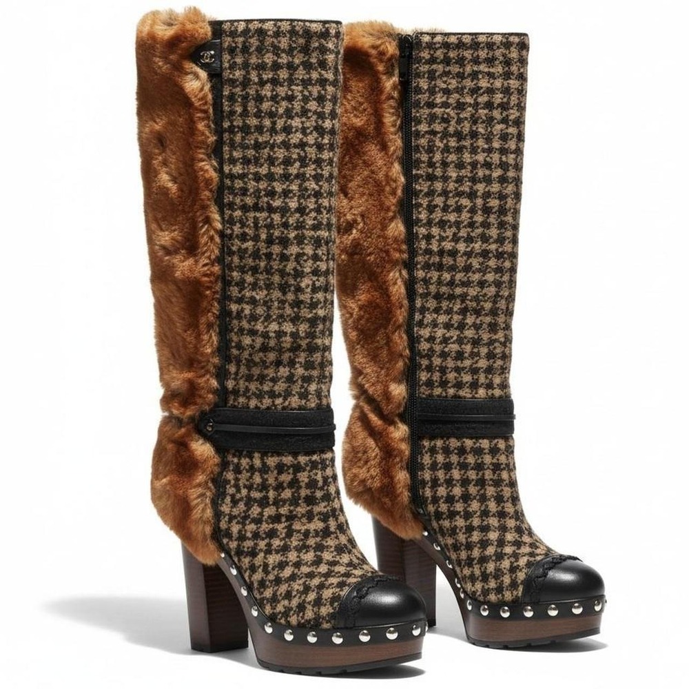 Archival CHANEL 2010 Ice Runway Fur Tweed Wood Clog Boots 40